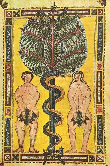 stylized figures with fig leaves on yellow background