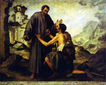 ‘Brother Juniper and the Beggar,’ by Spanish Baroque painter Bartolomé Esteban Murillo. Juniper, one of the original followers of St. Francis of Assissi, was renowned for his generosity. When told he could no longer give away his clothes, he instead simply told the needy, like the beggar in the painting, that he couldn’t give them his clothes, but wouldn’t stop them from taking them.